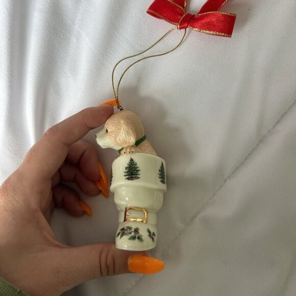Spode Christmas Tree Ornament Puppy Dog in Stocking 3.25" No Box Bow Red Green - Picture 3 of 8